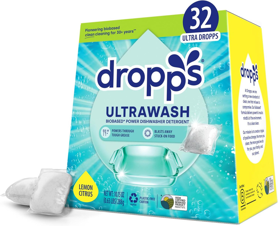 Dropps Ultrawash Plus Dishwasher Detergent, Unscented (64 Pods) - Triple Action Biobased Power Deep Clean Dishwasher Detergent Tablets For Tough Stains - Dishwashing Pods For Shiny Dishes