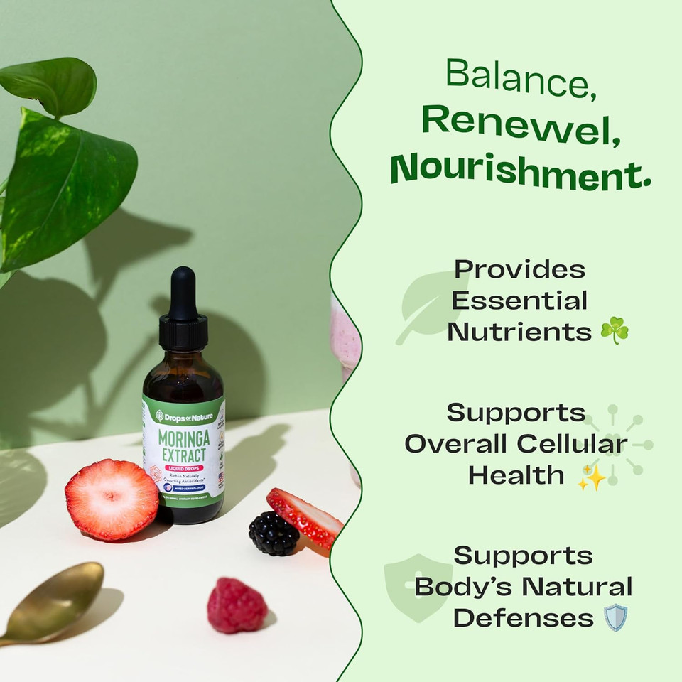 Drops Of Nature Moringa Extract Liquid Supplement (Mixed Berry, 60 Ml) & Sea Moss + Soursop Liquid Supplement (Lemon Lime, 60 Ml)  Vegan, Fast Absorbing  Antioxidant-Rich Nutrients & Immune Wellness