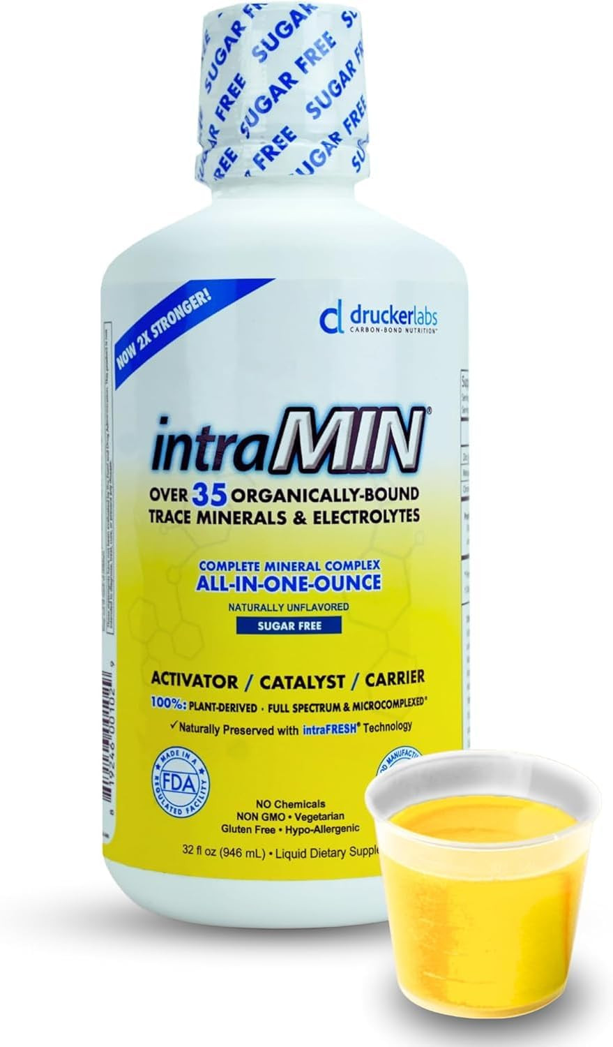 Drucker Labs - Intramin Organic Liquid Minerals Supplement For Men, Women, Kids, Immune And Muscle Support, Non Gmo, Gluten Free, Vegan, Electrolytes, Sugar Free (32 Oz.,Unflavored)