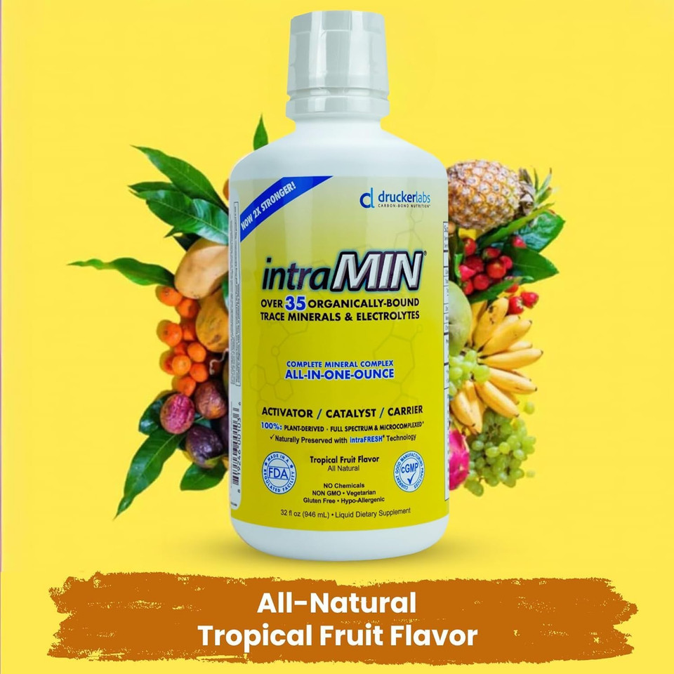 Drucker Labs - Intramin Organic Liquid Trace Minerals Dietary Supplement For Men, Women, Kids, Immune Support, Muscle Support, Non Gmo, Gluten Free, Vegan, Electrolytes (32 Oz., Tropical Fruit Punch)