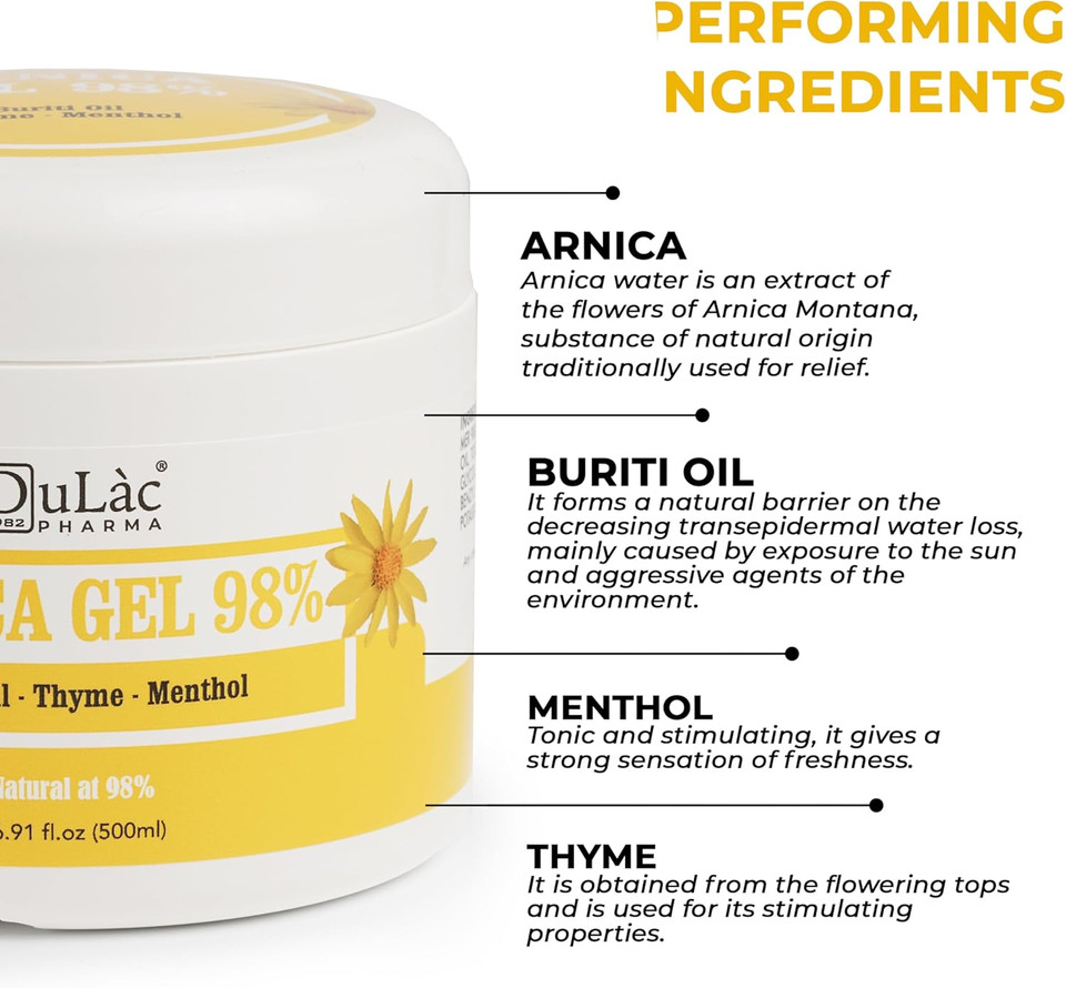 Dulàc - Arnica Gel For Bruising And Swelling Maximum Strength (98%) 1.7 Fl Oz For Muscle And Joint Relief, Cool Effect And Natural Formula, Dermatologically Tested - Made In Italy