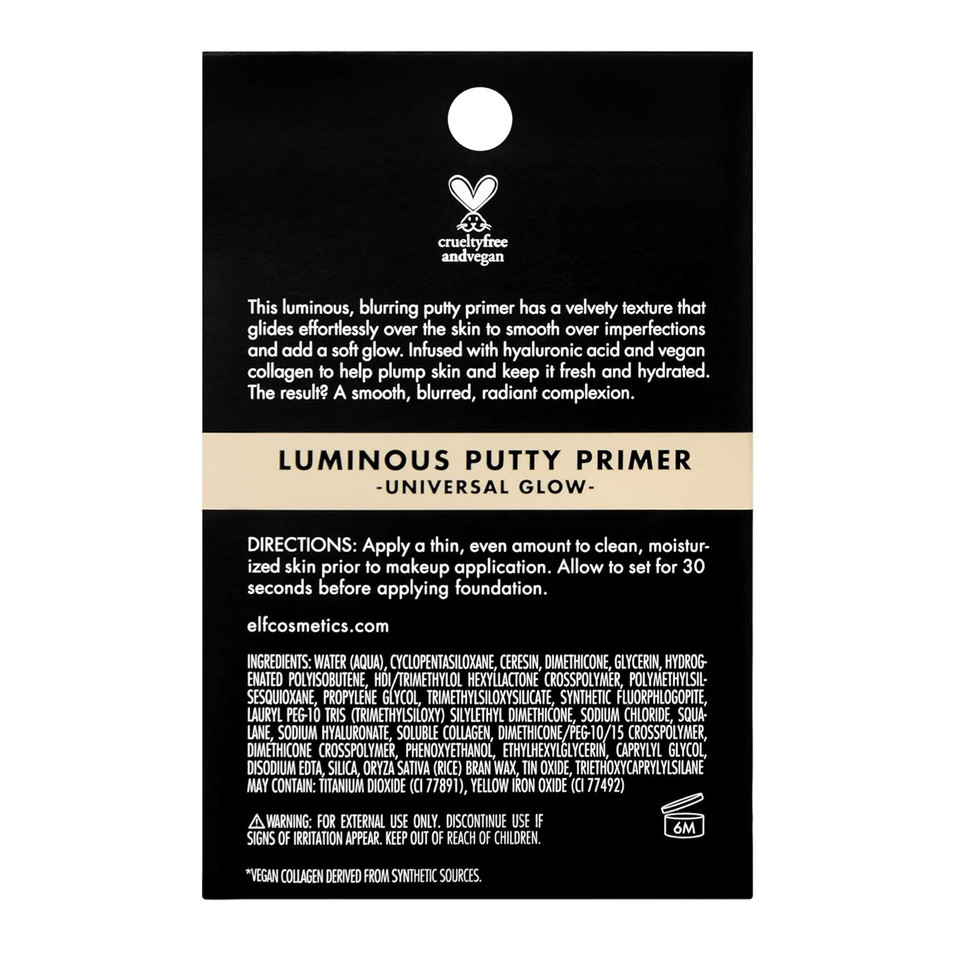 E.L.F. Luminous Putty Primer, Skin Perfecting, Lightweight, Silky, Long Lasting, Hydrates, Creates A Smooth Base, Illuminates, Plumps, Infused With Hyaluronic Acid And Vegan Collagen, 0.74 Oz
