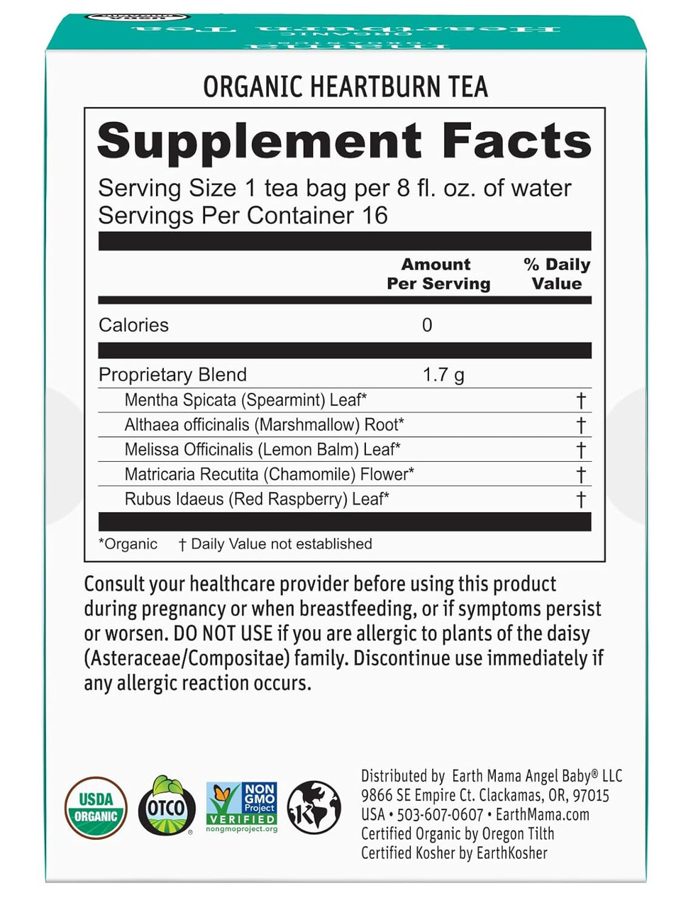 Earth Mama Organic Heartburn Tea | Pregnancy-Safe Soothing Herbal Blend With Marshmallow Root, Lemon Balm & Chamomile, 16 Teabags Per Box