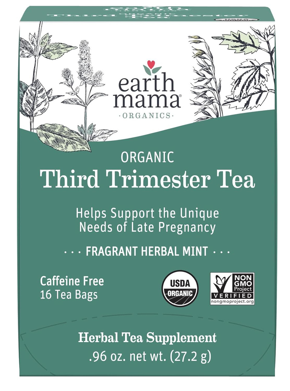Earth Mama Organic Third Trimester Tea Bags | 100% Usda Organic Herbal Tea For Late Pregnancy Comfort + Childbirth Preparation, 16 Teabags Per Box