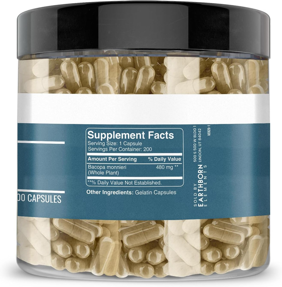 Earthborn Elements Bacopa Monnieri 200 Capsules, Pure & Undiluted, No Additives
