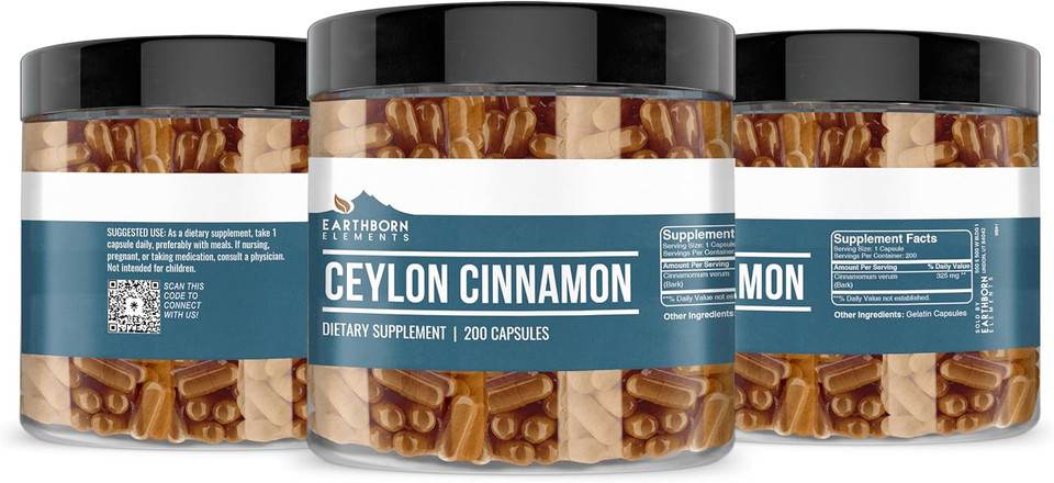 Earthborn Elements Ceylon Cinnamon 200 Capsules, Pure & Undiluted, No Additives