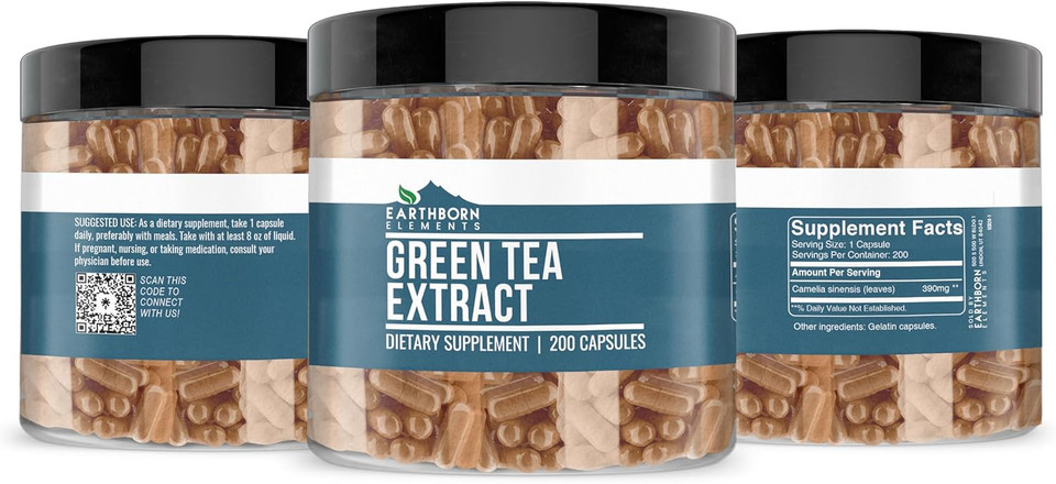 Earthborn Elements Green Tea Extract 200 Capsules, Pure & Undiluted, No Additives