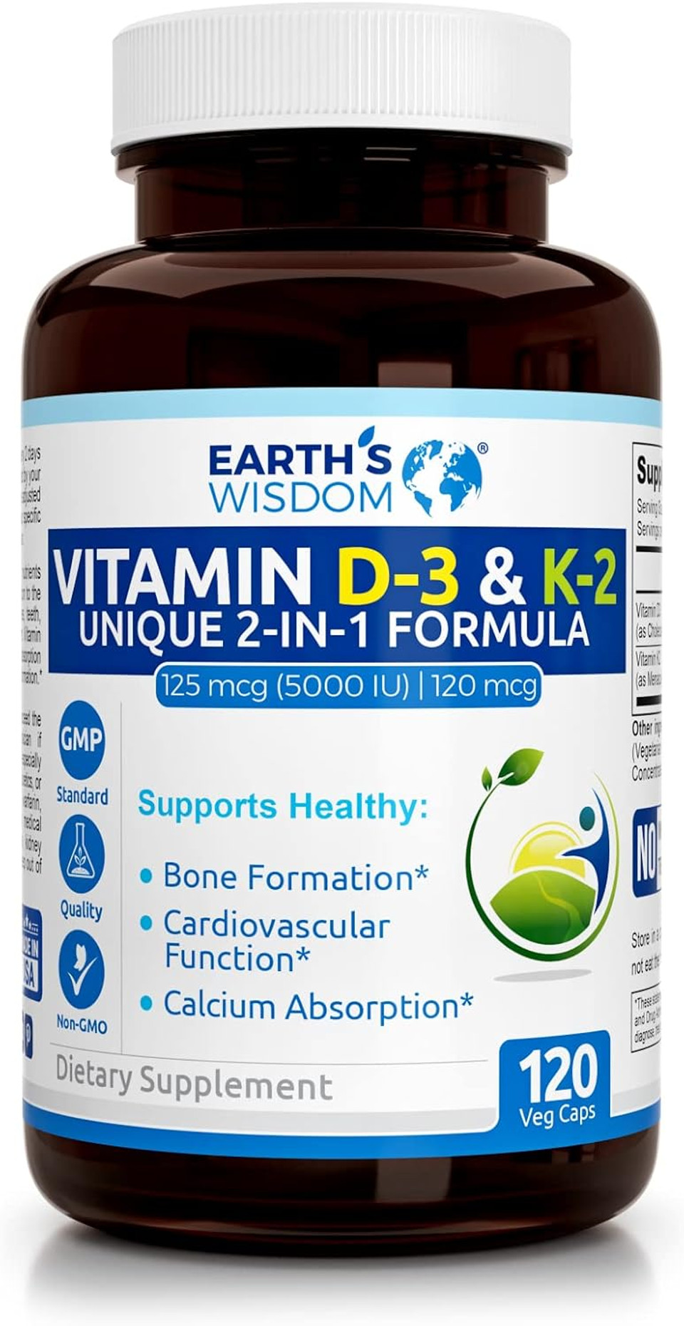 Earth'S Wisdom Vitamin D3 5000 Iu With K2 (Mk7) Formula. Muscle, Bone, Heart & Immune Support. Superior Absorption. 120 Capsules. Free From Gluten, Dairy, Soy. Non-Gmo. Manufactured In Usa