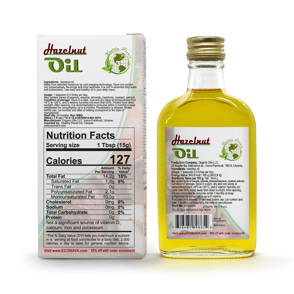 Eco Nava | Hazelnut Oil | 100% Natural Extra Virgin Cold Pressed Applications 200 Ml / 6.8 Fl Oz| Unrefined Raw No-Gmo Vegan | Gluten-Free | Premium Food Grade | Great For Cooking & Skin