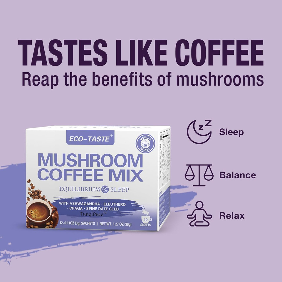 Eco-Taste Mushroom Coffee Mix, Designed For Balance With Ashwagandha, Eleuthero, Chaga, Spine Date Seed  12 Sachets