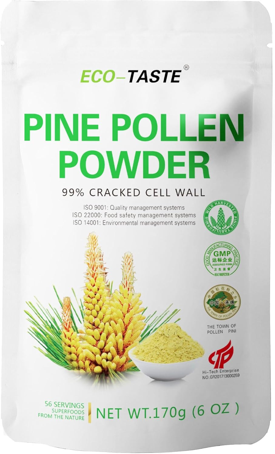 Eco-Taste Pine Pollen Powder 6 Ounce, Wild Harvested - Pinus Tabuliformis, 99% Cracked Cell Wall
