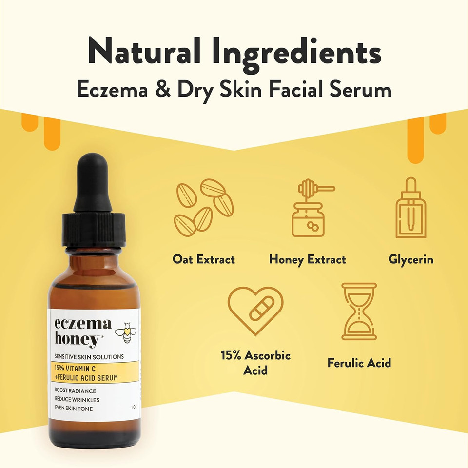 Eczema Honey 15% Vitamin C + Ferulic Acid Serum - Anti Aging Skin Care Products - Face Oil For Eczema, Dry & Sensitive Skin (1 Oz)