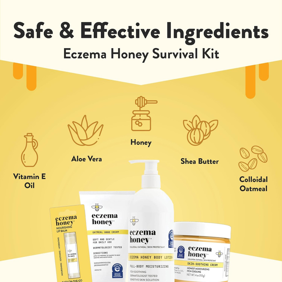 Eczema Honey Survival Kit - Skin Soothing Cream, Body Lotion, Hand Cream, & Lip Balm - Natural Eczema Treatment For Sensitive Skin - Itch Relief For Psoriasis, Dermatitis & More