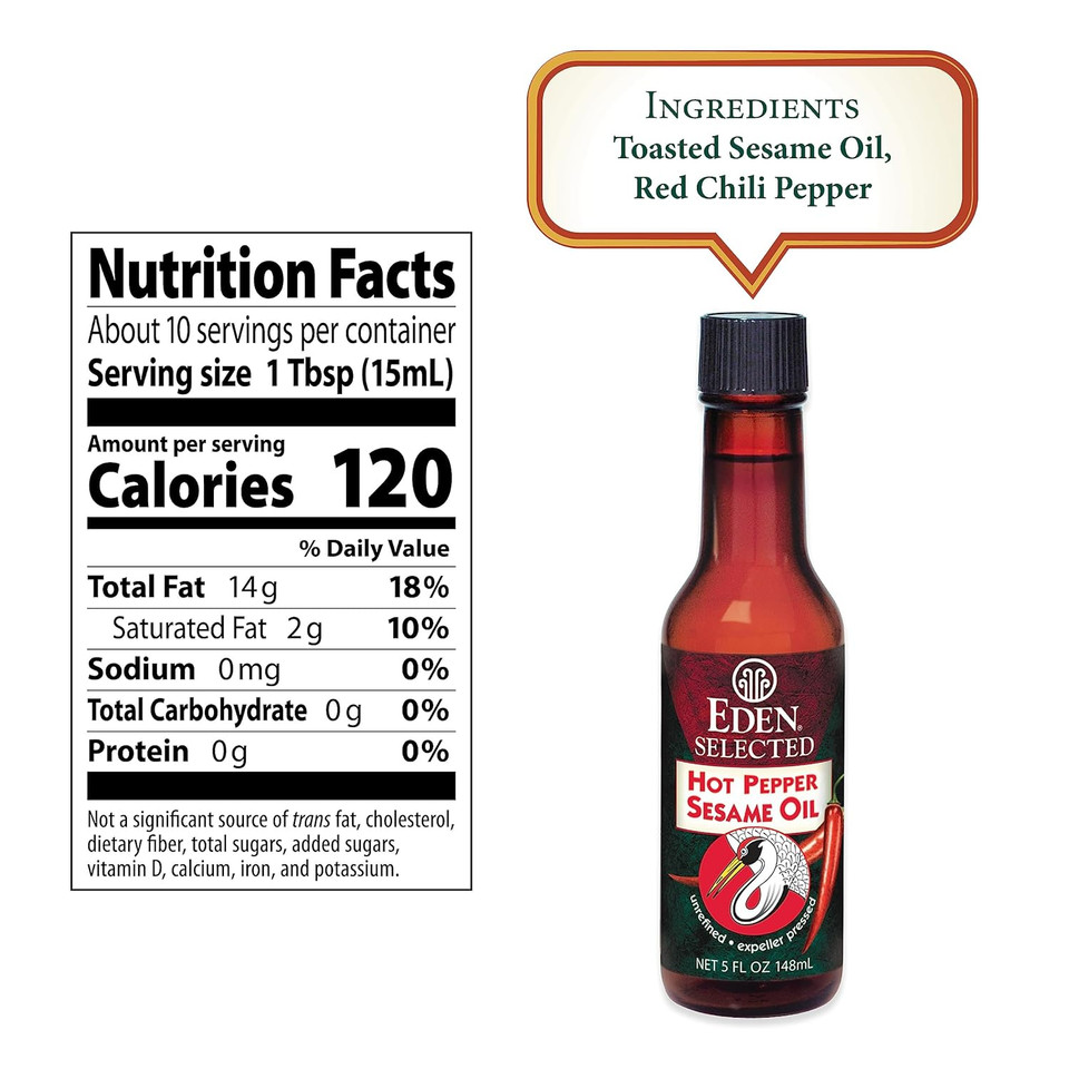 Eden Hot Pepper Toasted Sesame Chili Oil, Unrefined Expeller Pressed, 5 Oz Amber Glass Bottle