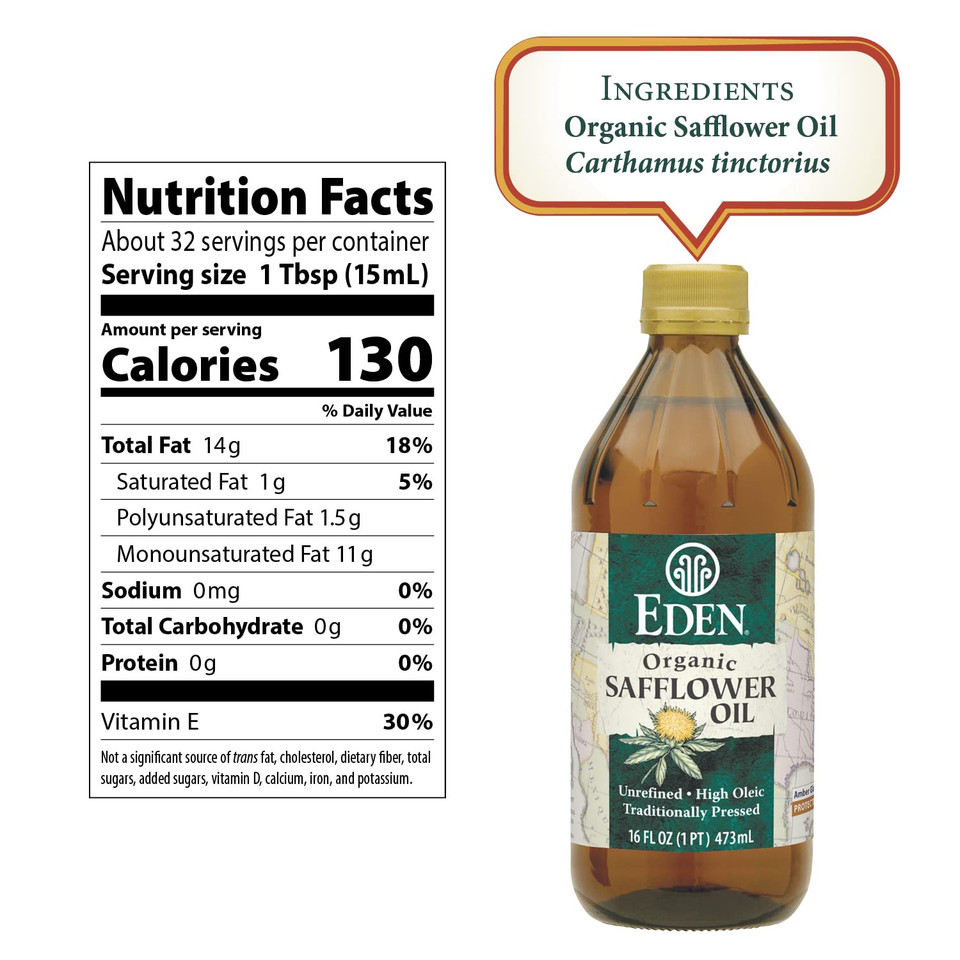 Eden Organic Safflower Oil, Unrefined, High Oleic, Traditionally Pressed, 16 Fl Oz Amber Glass