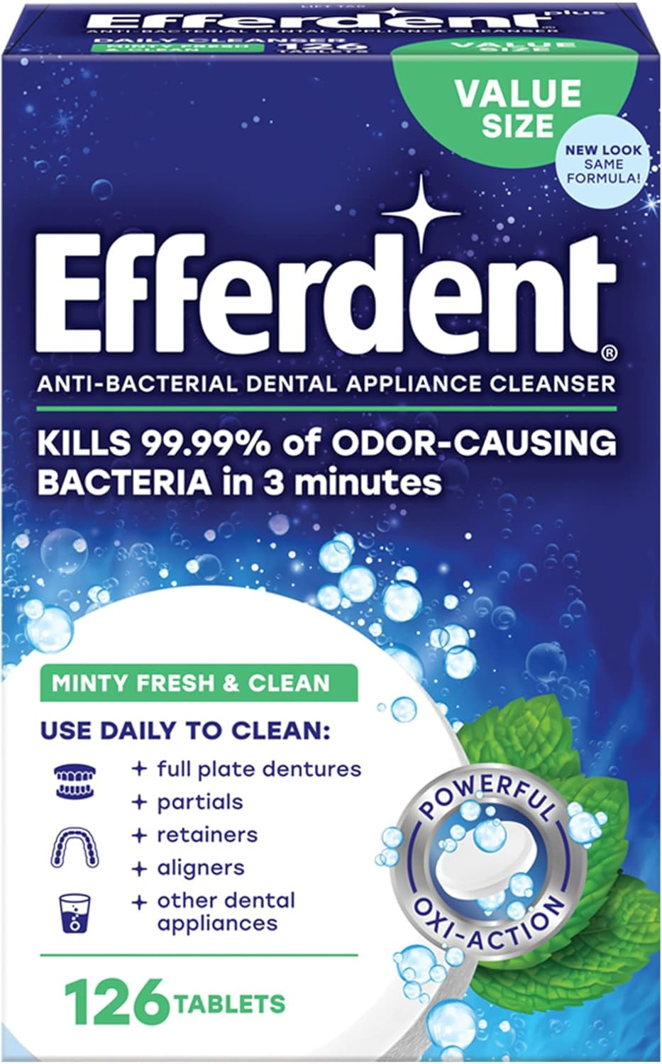 Efferdent Denture Cleaner Minty Fresh & Clean, Retainer Cleaning Tablets For Aligners, Dentures, And Dental Appliances, 44 Count