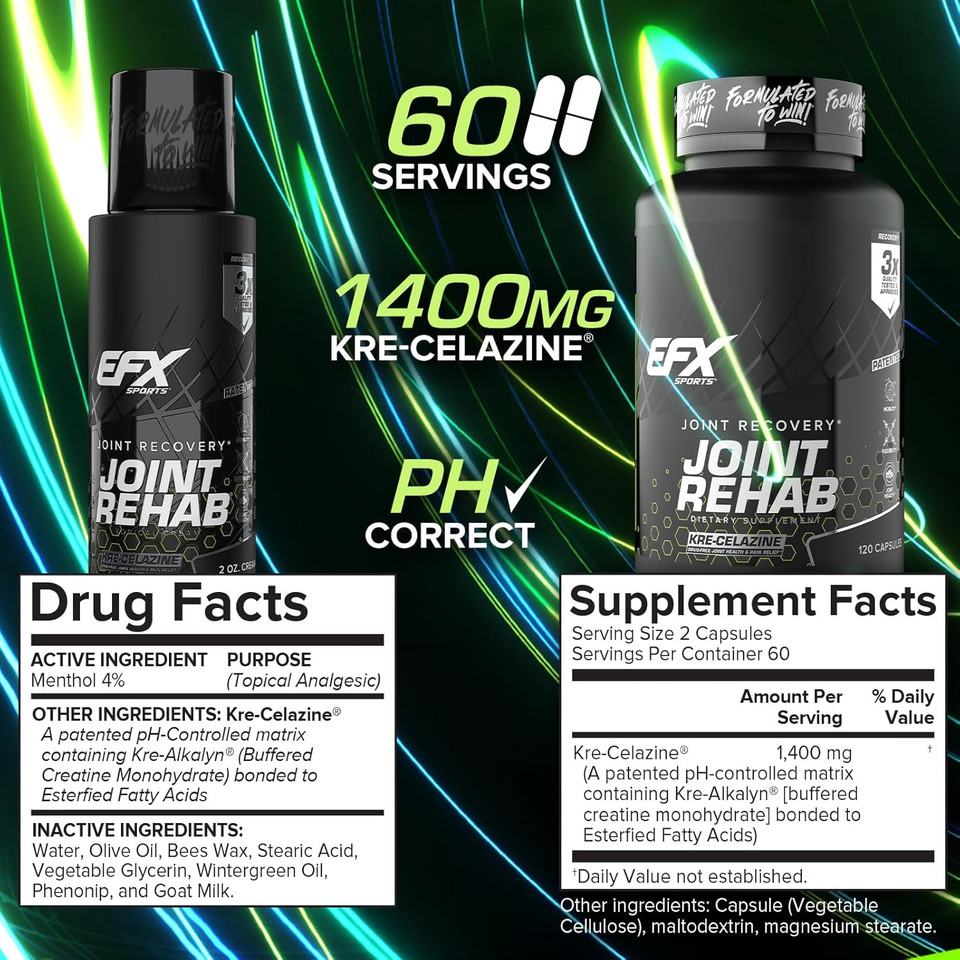 Efx Sports Joint Rehab Recovery Kit | Powered By Kre-Celazine® | For Mobility & Joint Health | 120 Capsules Kre-Alkalyn Creatine + 2 Oz Topical Cream