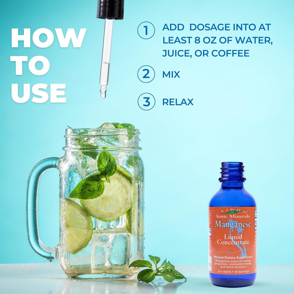 Eidon Ionic Minerals Liquid Manganese - Manganese Chloride Drops Supplement, Mineral Drops For Water, Supports Bone And Cartilage Health, Energy And Strength, Proper Digestive Tract Function, 2 Oz