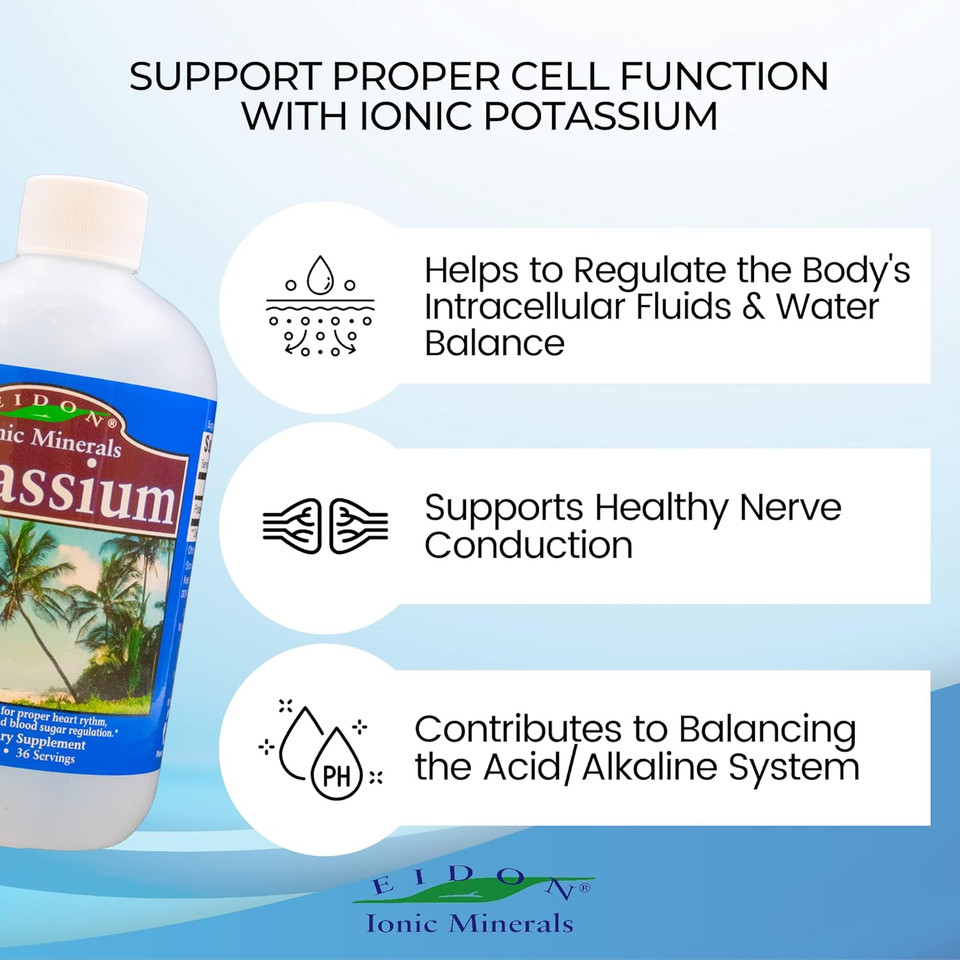 Eidon Ionic Minerals Liquid Potassium Supplement - Potassium Chloride Drops, Essential Electrolyte For Cell Function, Bioavailable Ionic Minerals, All Natural, No-Preservatives Or Additives - 18 Oz