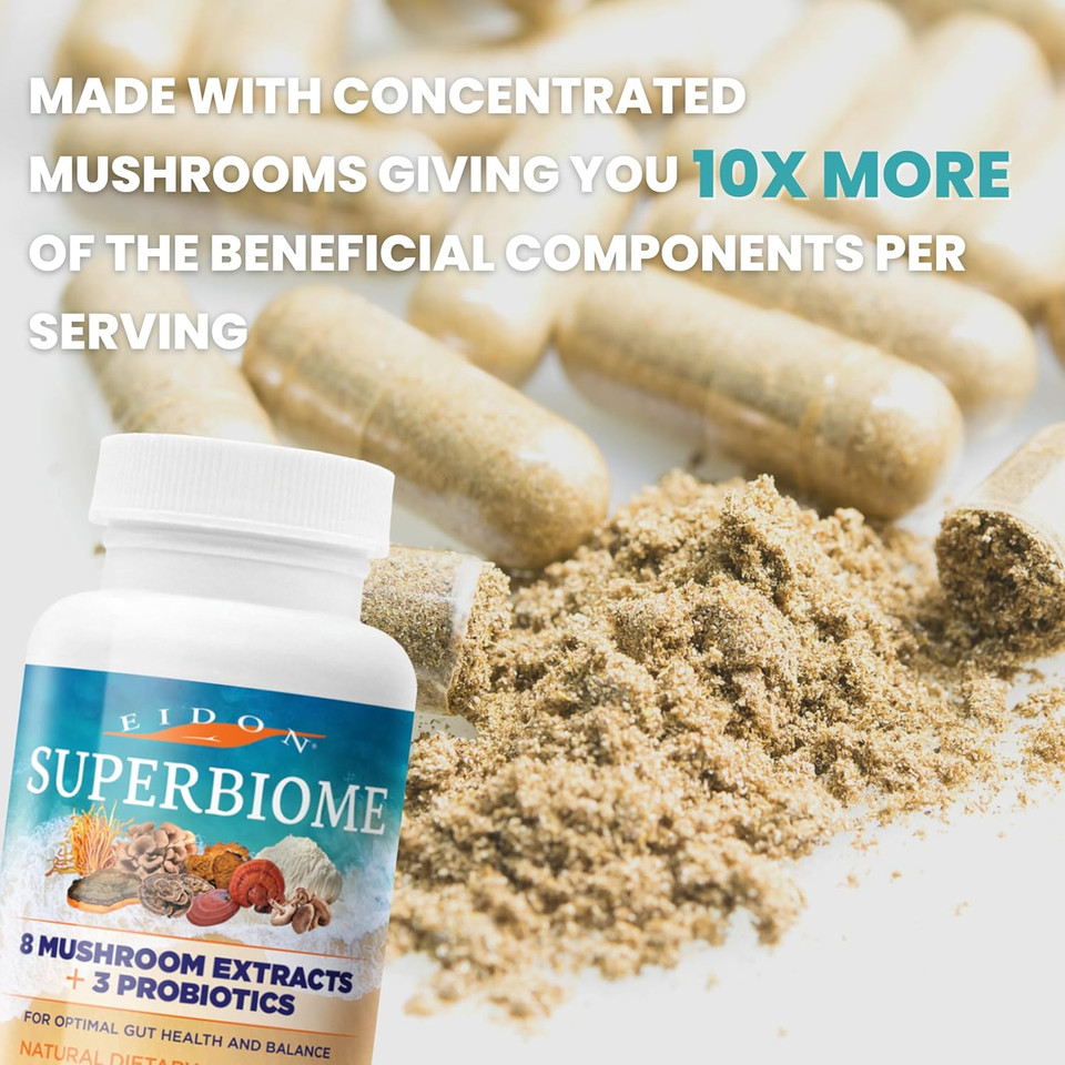 Eidon Ionic Minerals Superbiome, Mushroom Extract Supplement, Mushroom Complex Capsules With Reishi, Chaga, Lions Mane, Cordyceps, Turkey Tail, 30 Servings