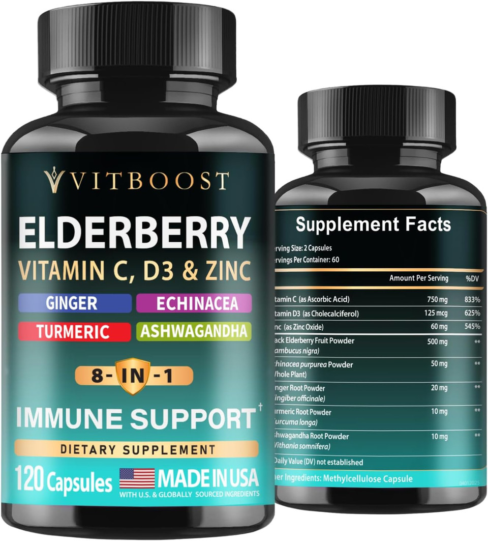 Elderberry Immune Support Supplement 8-In-1 Formula With Echinacea, Vitamin C & Zinc, Vitamin D 5000 Iu, Turmeric, Ginger, Ashwagandha  120 Capsules