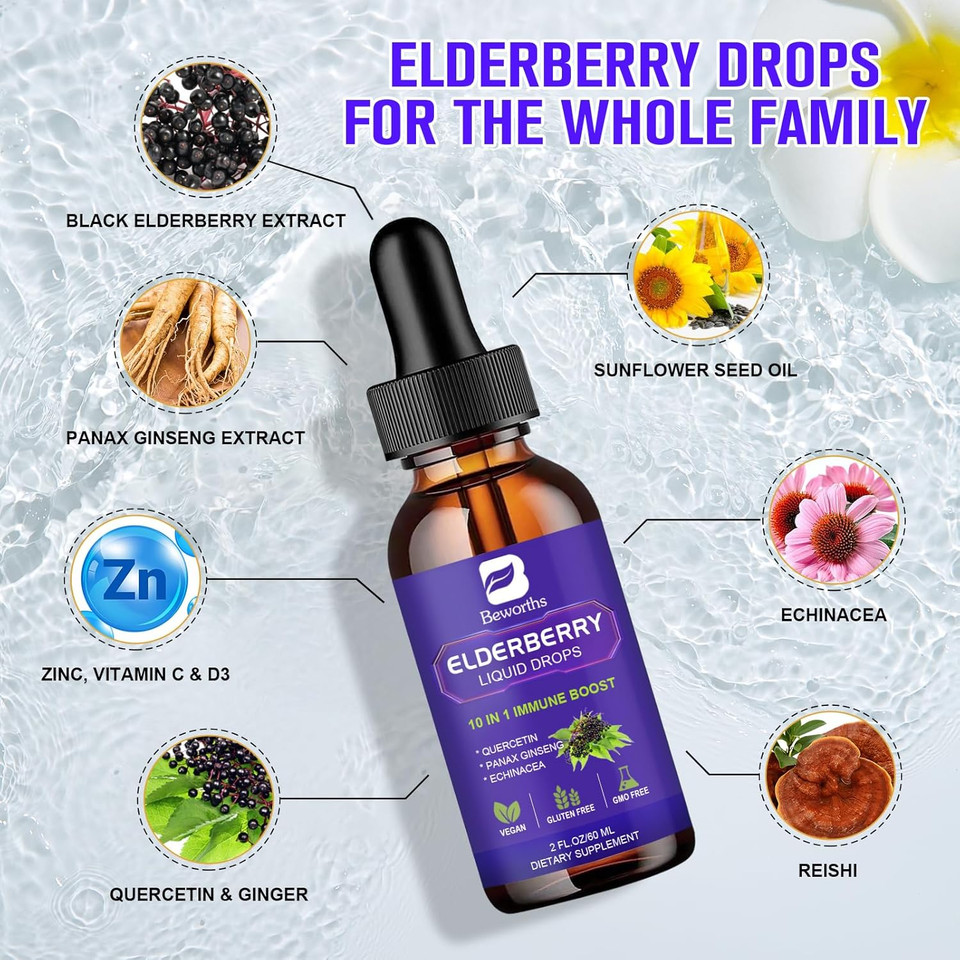 Elderberry Syrup Black Elderberry Drops With Quercetin, Panax Ginseng, Vitamin C And Zinc, Sambucus Elderberry Syrup Liquid, Vegan, Non-Gmo & Gluten Free