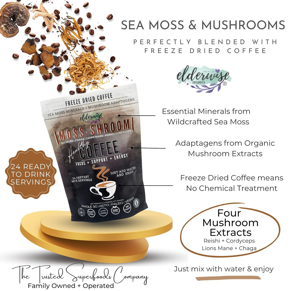 Elderwise Organics Coffee Spiced Latte | Powered By Pumpkin & Mushrooms | Sea Moss, Chaga, Lion'S Mane, Reishi | 8 Servings - Freeze Dried Instant - Chemical Free - Fair Trade