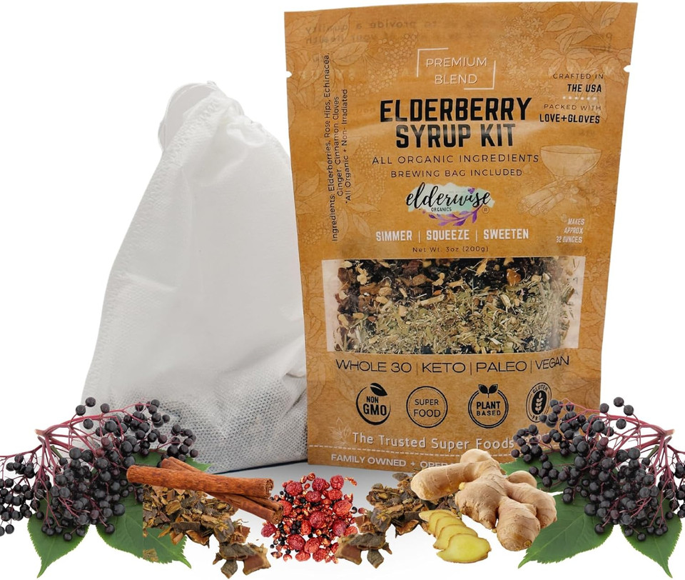 Elderwise Organics Elderberry Syrup Kit (Goji Blend) Ningxia Berry - Brew Bag Included - Organic Elderberries - Rosehips - Ginger - Wolfberry - Cinnamon - Cloves
