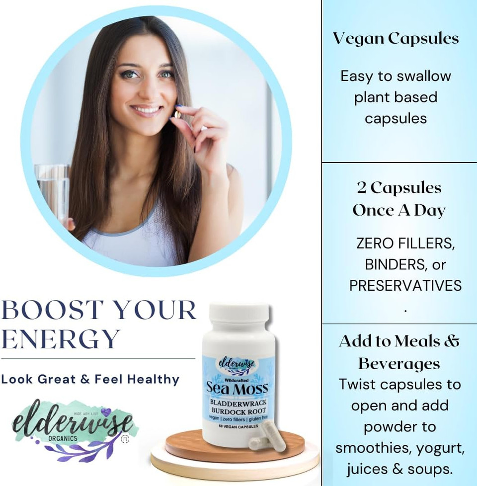 Elderwise Organics Sea Moss Capsules - Sea Moss With Burdockroot & Bladderwrack - Superfood Supplement With Raw Sea Moss - 60 Vegan Capsules - 30 Day Supply - Dosage 2 A Day - 1400 Mg