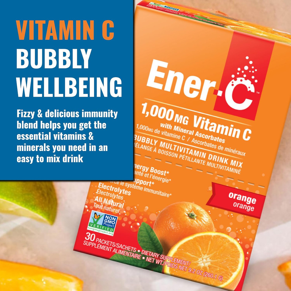 Ener-C Orange Multivitamin Drink Mix Powder Vitamin C 1000Mg & Electrolytes With Real Fruit Juice Natural Energy & Immune Support For Women & Men - Non-Gmo Vegan & Gluten Free - 30 Count