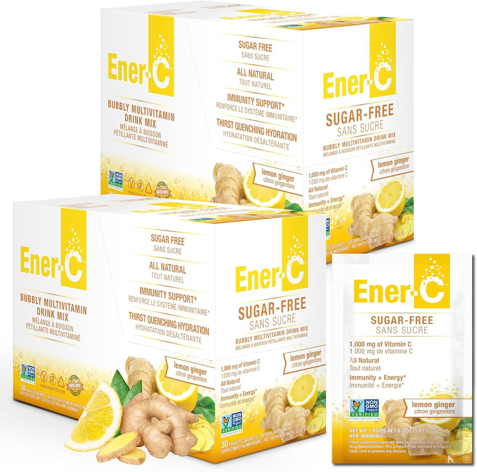 Ener-C Sugar Free Energy Lemon Ginger Multivitamin Drink Mix Vitamin C 1000Mg & Electrolytes - Natural Immunity Support With Real Fruit Juice Powders - Non-Gmo Vegan & Gluten Free - 60 Count