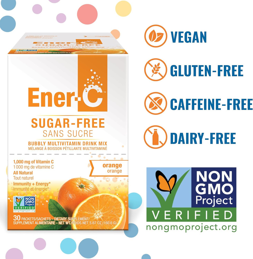Ener-C Sugar Free Energy Orange Multivitamin Drink Mix Vitamin C 1000Mg & Electrolytes - Natural Immunity Support With Real Fruit Juice Powders Non-Gmo Vegan & Gluten Free - 30 Count
