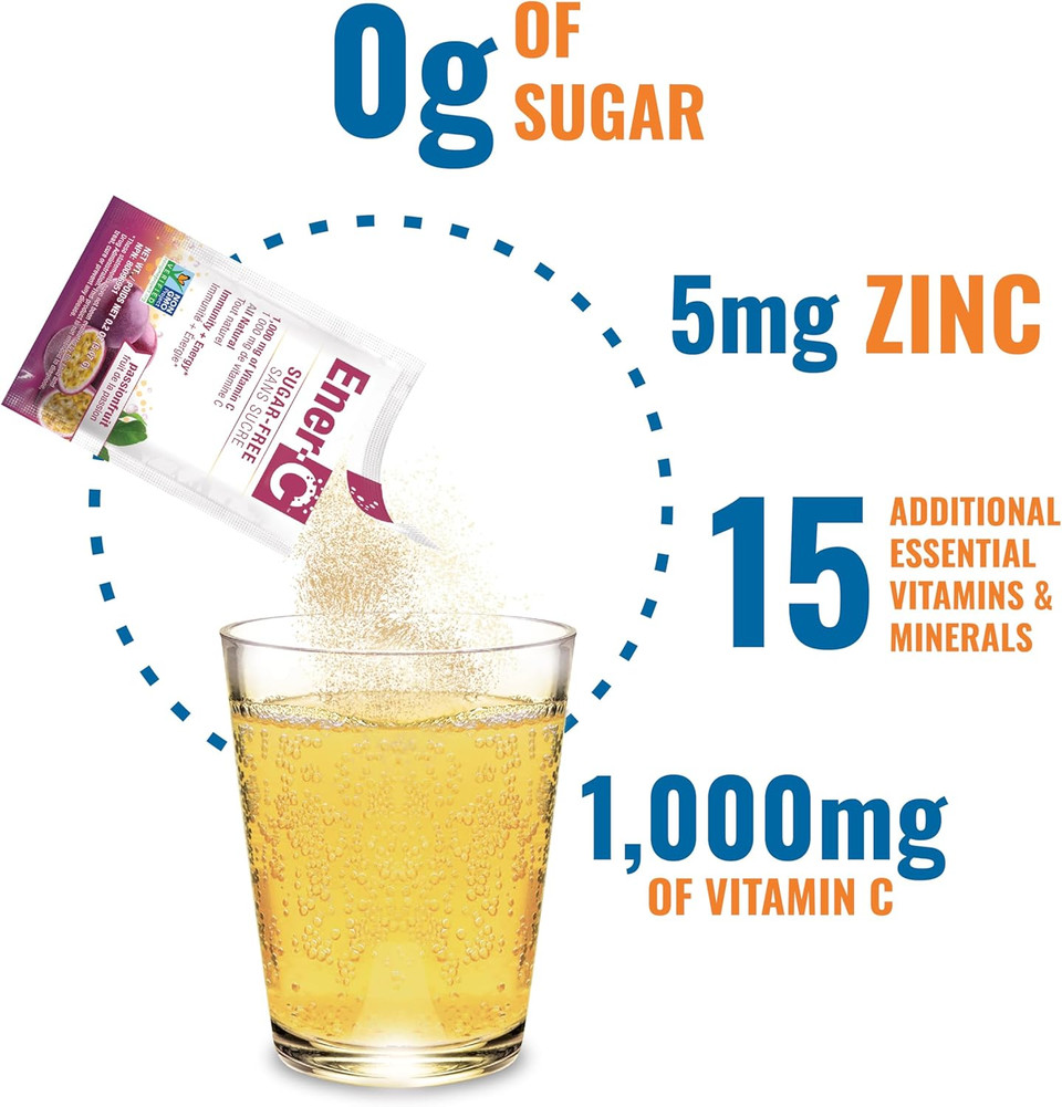 Ener-C Sugar Free Energy Passion Fruit Multivitamin Drink Mix Vitamin C 1000Mg & Electrolytes - Natural Immunity Support With Real Fruit Juice Powders - Non-Gmo Vegan & Gluten Free - 30 Count