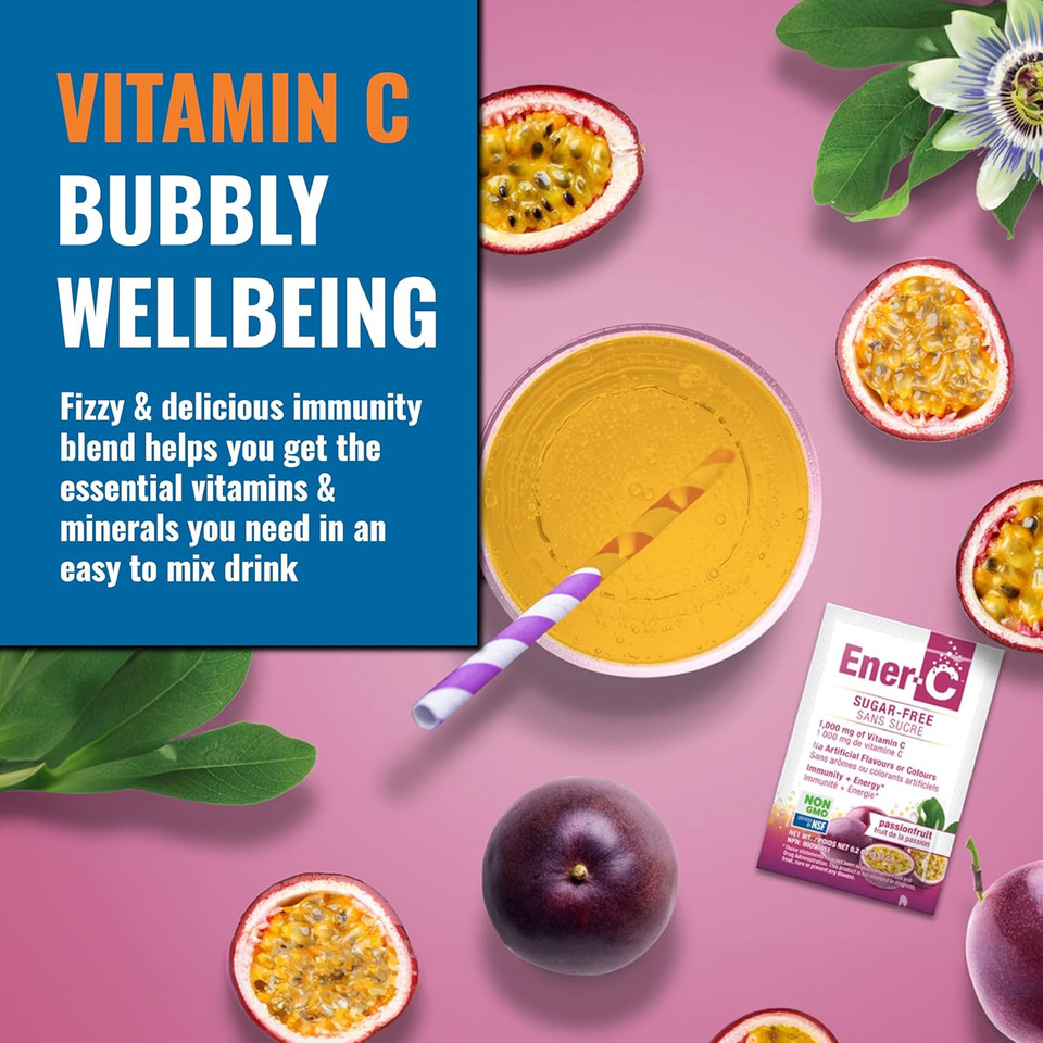 Ener-C Sugar Free Energy Passion Fruit Multivitamin Drink Mix Vitamin C 1000Mg & Electrolytes - Natural Immunity Support With Real Fruit Juice Powders - Non-Gmo Vegan & Gluten Free - 60 Count
