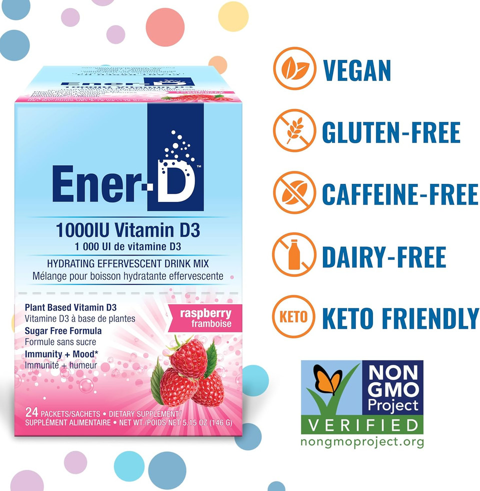 Ener-D Sugar Free Vitamin D3 Orange Multivitamin Drink Powder - Natural Immune & Energy Support For Women & Men - Zinc C & B Vitamins Plus Electrolytes Vegan & Non-Gmo Real Fruit Juice - 24 Count