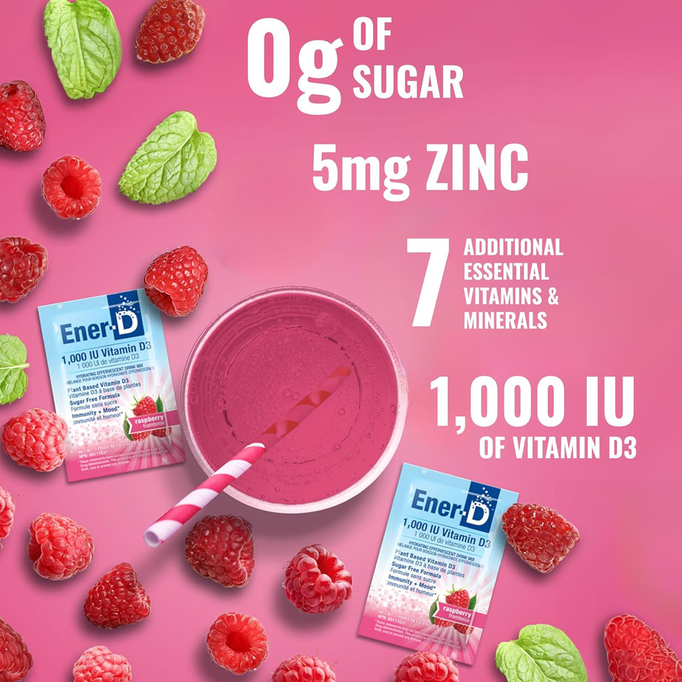 Ener-D Sugar Free Vitamin D3 Orange Multivitamin Drink Powder - Natural Immune & Energy Support For Women & Men - Zinc C & B Vitamins Plus Electrolytes Vegan & Non-Gmo Real Fruit Juice - 24 Count
