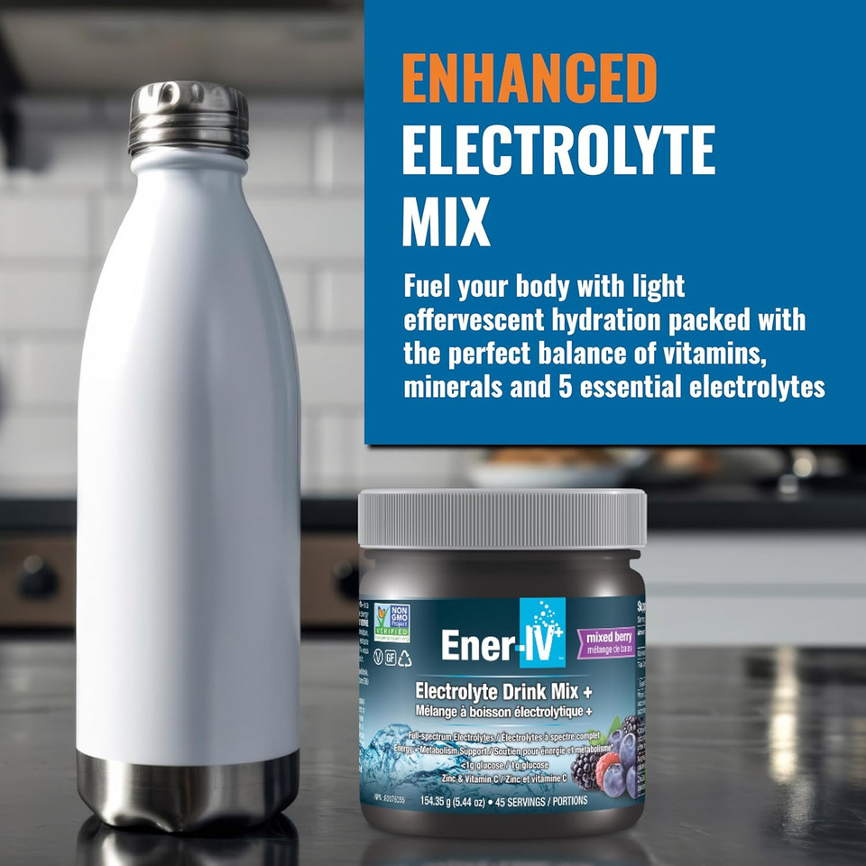 Ener-Iv Electrolyte Hydration & Energy Drink Mix Potassium Zinc & Vitamin C Electrolytes Powder - Muscle Recovery & Immunity Sports Drinks For Women & Men, Low Sugar Non-Gmo, Mixed Berry - 45 Servings