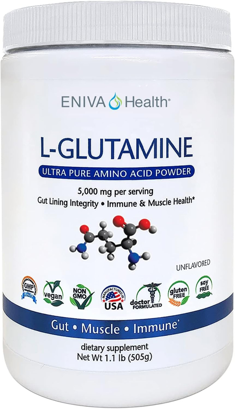 Eniva Health L-Glutamine Pure Powder, Unflavored (101 Servings) | Vegan, Gluten-Free, Sugar-Free, Non-Gmo | Doctor-Formulated, Usa Made | Gut Health, Leaky Gut, Bloating, Muscle Health, Immune System