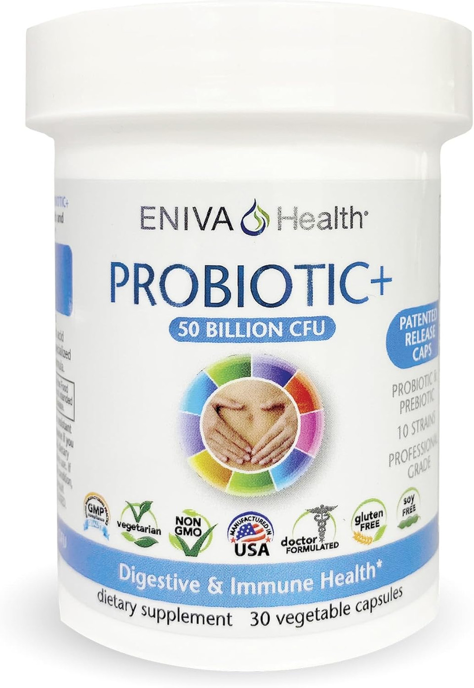 Eniva Health Probiotic With Prebiotic 10 Strains | 50 Billion Cfus Per Capsule | 30 Capsules Per Bottle | Doctor Formulated | Patented Release Capsules | No Fillers