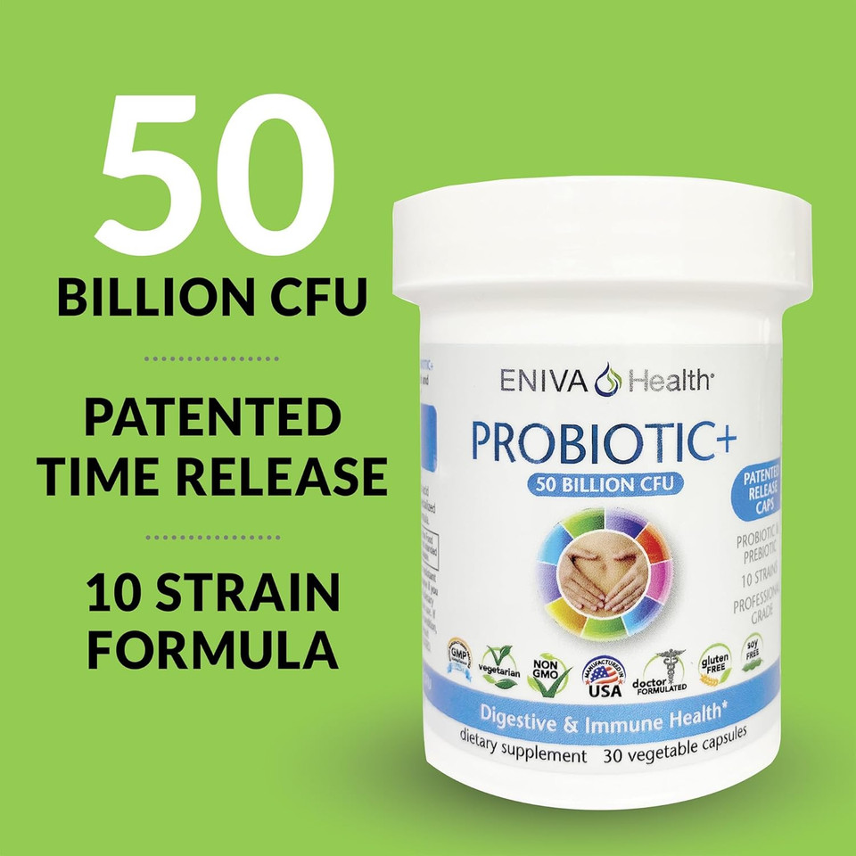 Eniva Health Probiotic With Prebiotic 10 Strains | 50 Billion Cfus Per Capsule | 30 Capsules Per Bottle | Doctor Formulated | Patented Release Capsules | No Fillers