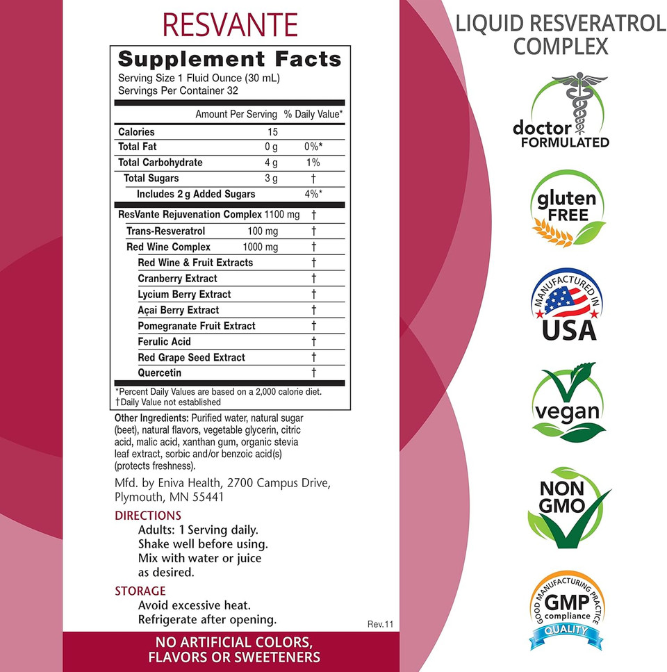 Eniva Resveratrol Supplement Anti-Aging Highest Potency Available Pure Eniva Resvante Liquid - 32 Ounce