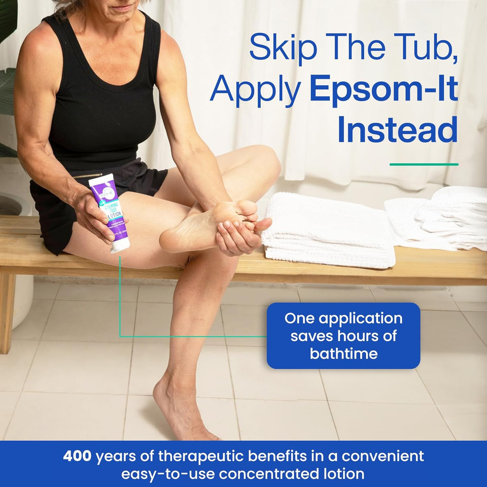 Epsom-It Calming Foot Lotion - Topical Magnesium Cream For Tired Feet & Ankles, Epsom Salt Magnesium Sulfate Rub With Urea, Soften Tough Skin & Cracked Heels, Stiffness In Legs, Knees And Feet, 3.5Oz