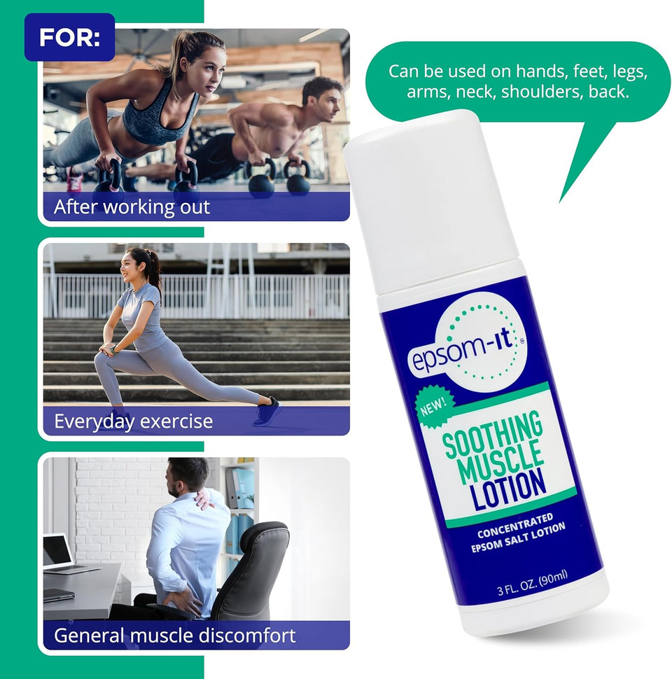 Epsom-It Soothing Muscle Lotion - Roll On Epsom Salt Lotion With Arnica For Muscle Stiffness, Leg, Knees And Feet Discomfort, Topical Magnesium Cream, 3Oz