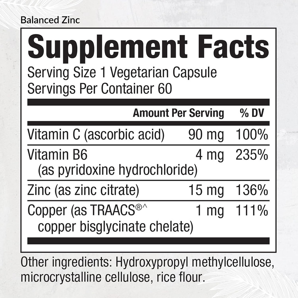 Equilife Balanced Zinc, 15 Mg Zinc & Copper Co-Factor Complex Supplement With Vitamin C & Vitamin B6 For Daily Immunity And Wellness Support, Gluten Free, Vegan, Non Gmo, 60 Capsules
