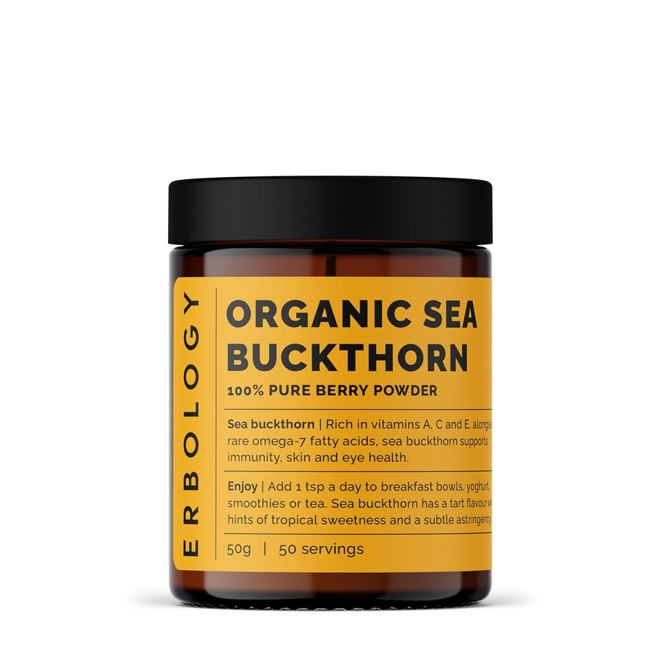 Erbology Organic Sea Buckthorn Powder 1.8 Oz - 50 Servings - Skin Health And Immunity Support - Rich In Omega-7 (6.5%), Vitamin C And Vitamin A - Seeds Removed, More Concentrated - Vegan - Gmo-Free