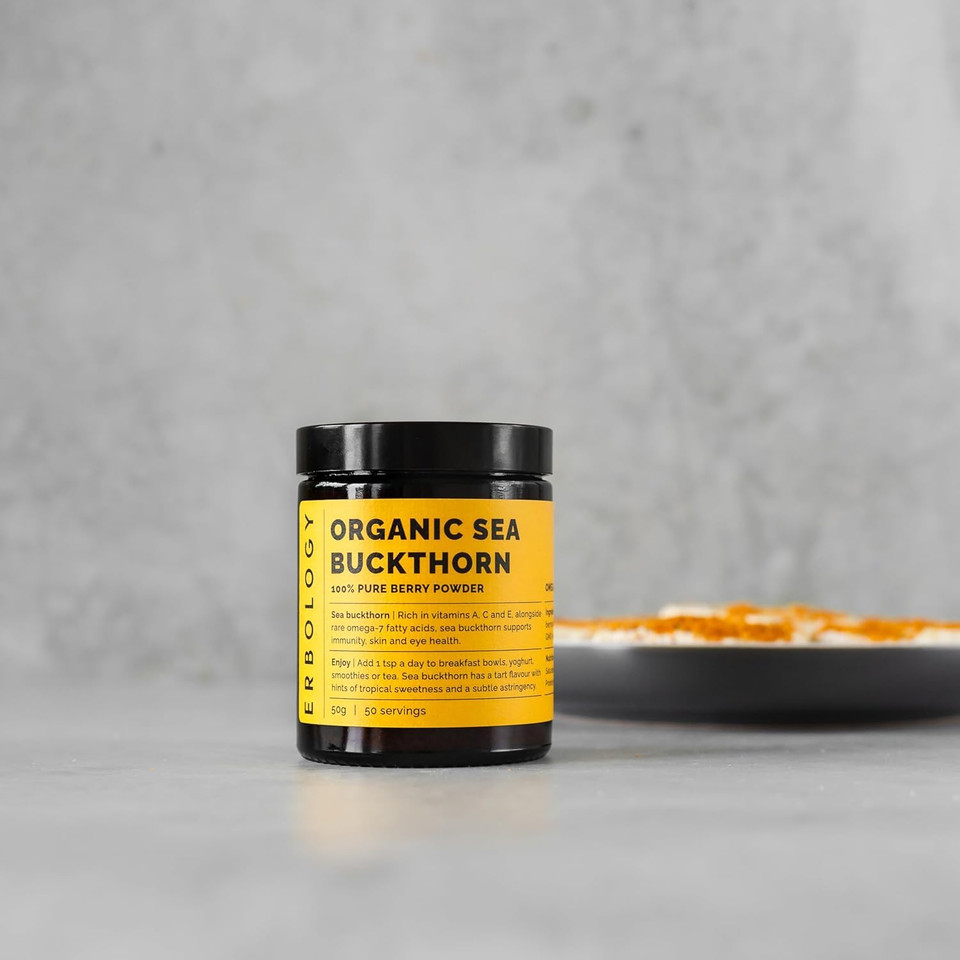 Erbology Organic Sea Buckthorn Powder 1.8 Oz - 50 Servings - Skin Health And Immunity Support - Rich In Omega-7 (6.5%), Vitamin C And Vitamin A - Seeds Removed, More Concentrated - Vegan - Gmo-Free