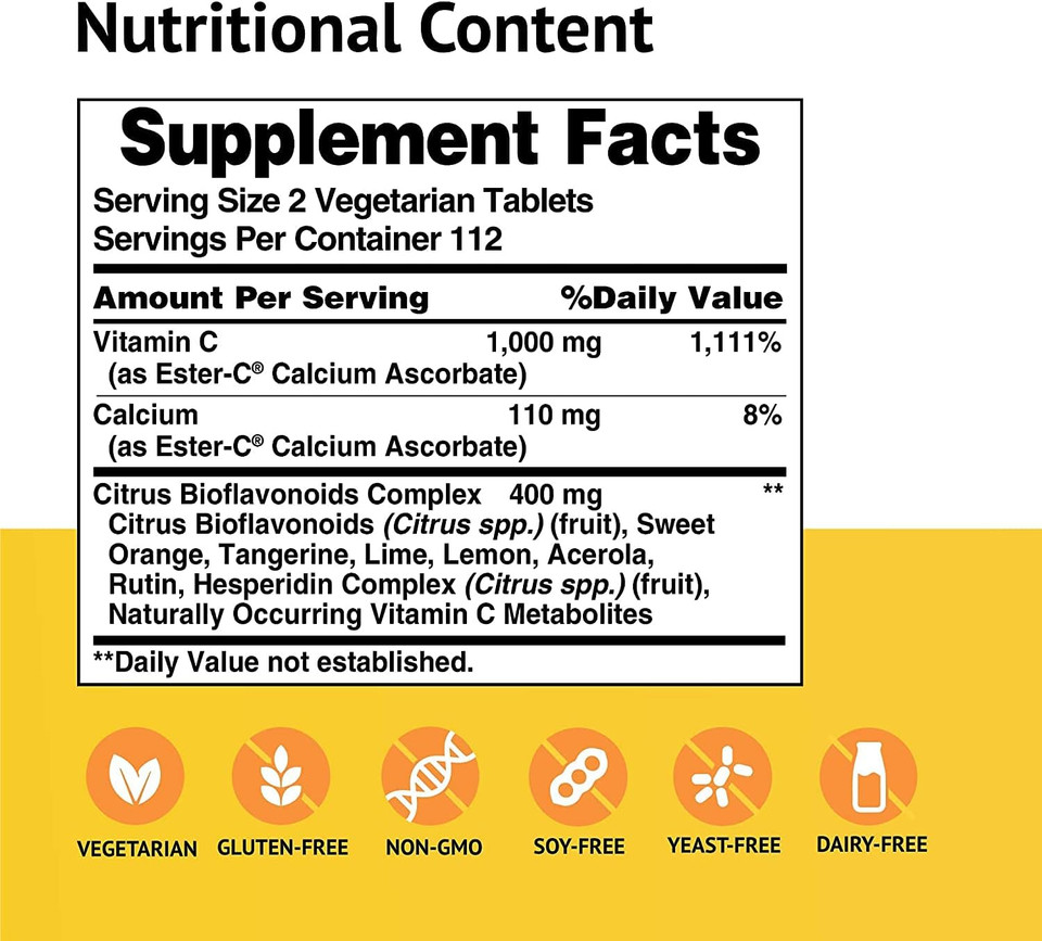 Ester-C American Health With Citrus Bioflavonoids Vegetarian Tablets, 24-Hour Immune Support, Gentle On Stomach, Non-Acidic Vitamin C, Non-Gmo, Gluten-Free, Vegan, 112 Servings, 500 Mg, 225 Count