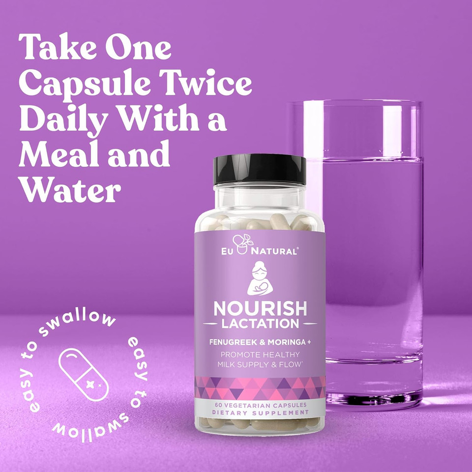 Eu Natural Nourish Lactation Supplement - Postpartum Support For Healthy Milk Flow & Production - Fenugreek Capsules For Women With Milk Thistle, Fennel Seed & Organic Moringa, 60 Vegan Soft Capsules