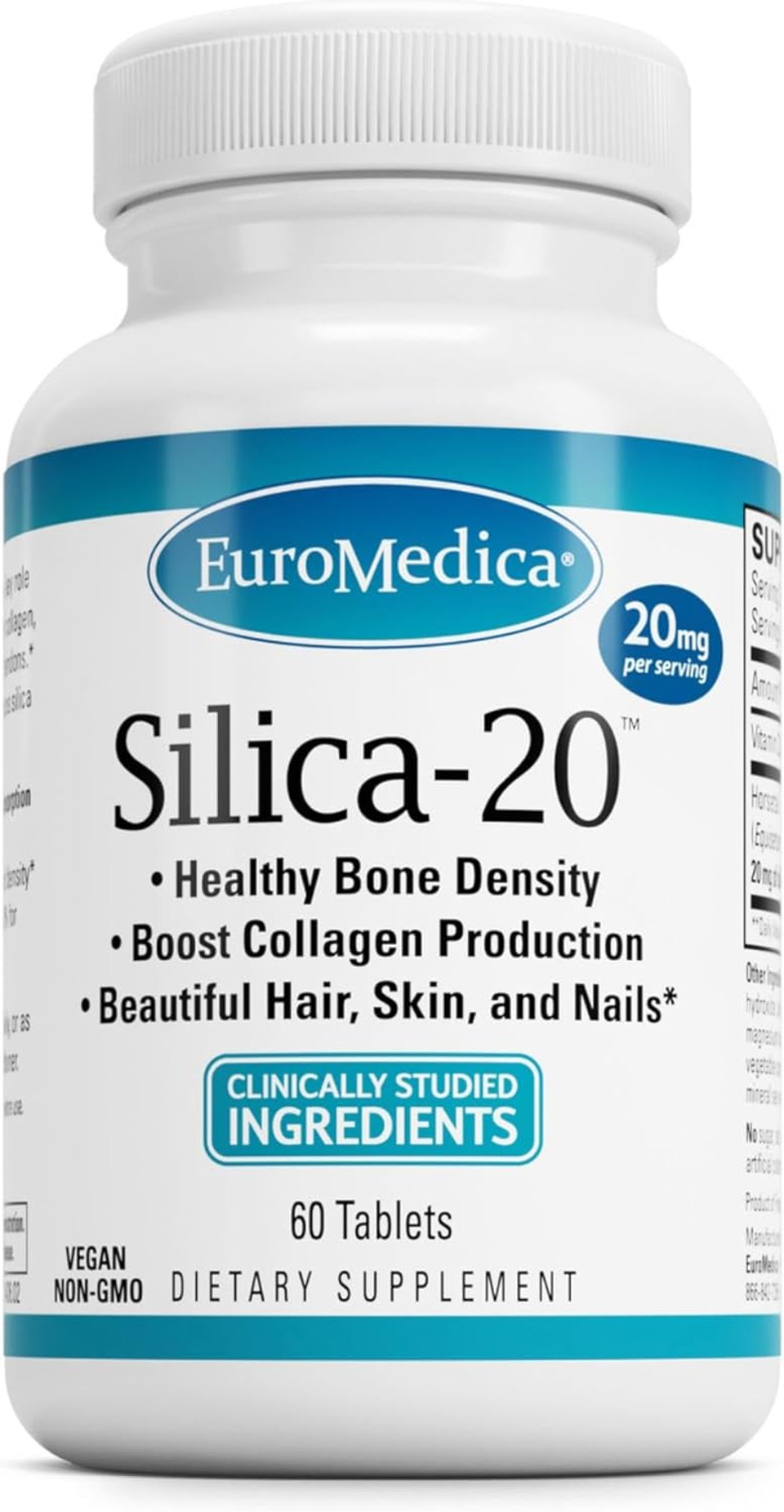Euromedica - Silica-20-60 Tablets - Silica For Healthy Bone Density  Beautiful Hair, Skin, And Nails