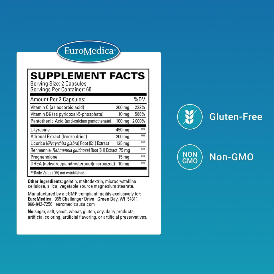 Euromedica Adrenaplex - Adrenal Gland Function Supplement - Glandular Support Supplement With Vitamins C & B6 - Dietary Supplement To Support Healthy Adrenal Function - 120 Capsules